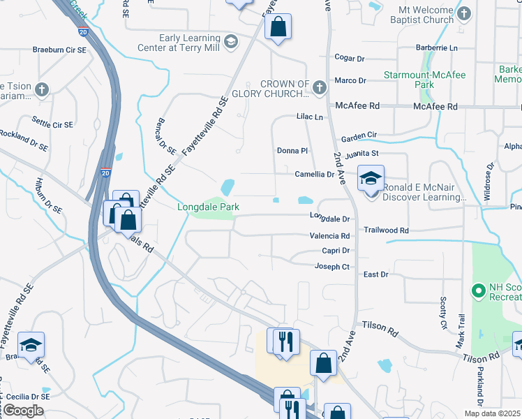 map of restaurants, bars, coffee shops, grocery stores, and more near 1868 Longdale Drive in Decatur