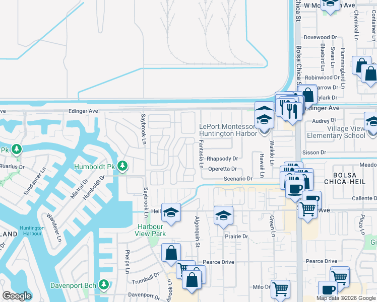 map of restaurants, bars, coffee shops, grocery stores, and more near 16222 Monterey Lane in Huntington Beach