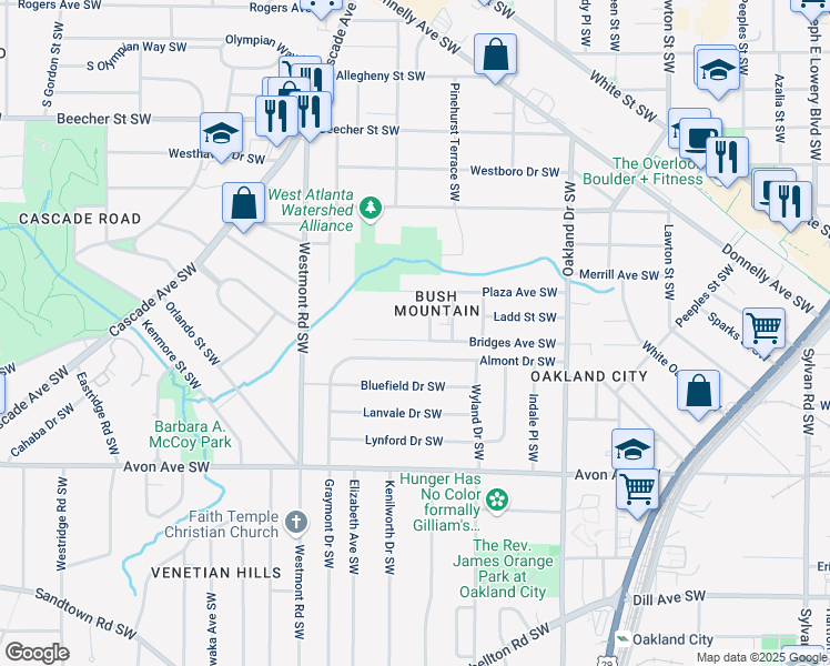 map of restaurants, bars, coffee shops, grocery stores, and more near 1397 Bridges Avenue Southwest in Atlanta