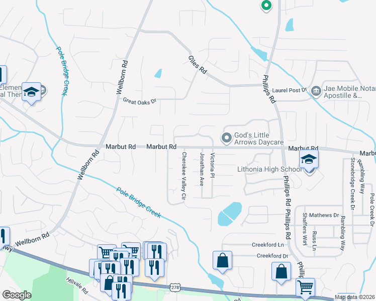 map of restaurants, bars, coffee shops, grocery stores, and more near 6095 Marbut Road in Lithonia