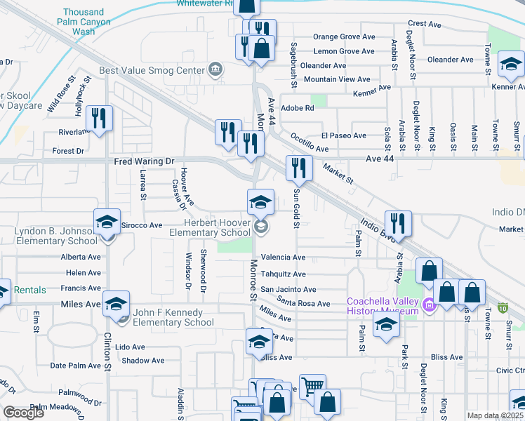 map of restaurants, bars, coffee shops, grocery stores, and more near 2 Hoover Avenue in Indio