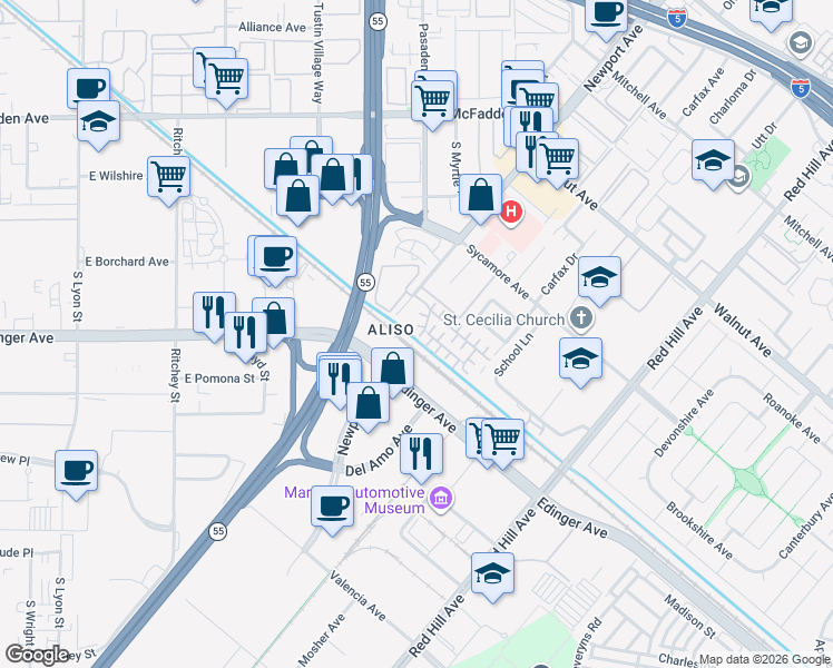 map of restaurants, bars, coffee shops, grocery stores, and more near 1030 Sungold Court in Tustin