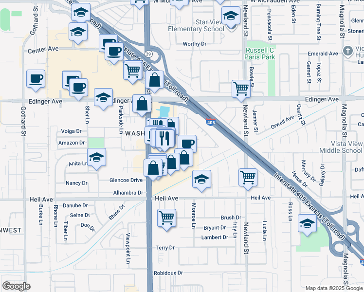 map of restaurants, bars, coffee shops, grocery stores, and more near 16171 Malaga Lane in Huntington Beach