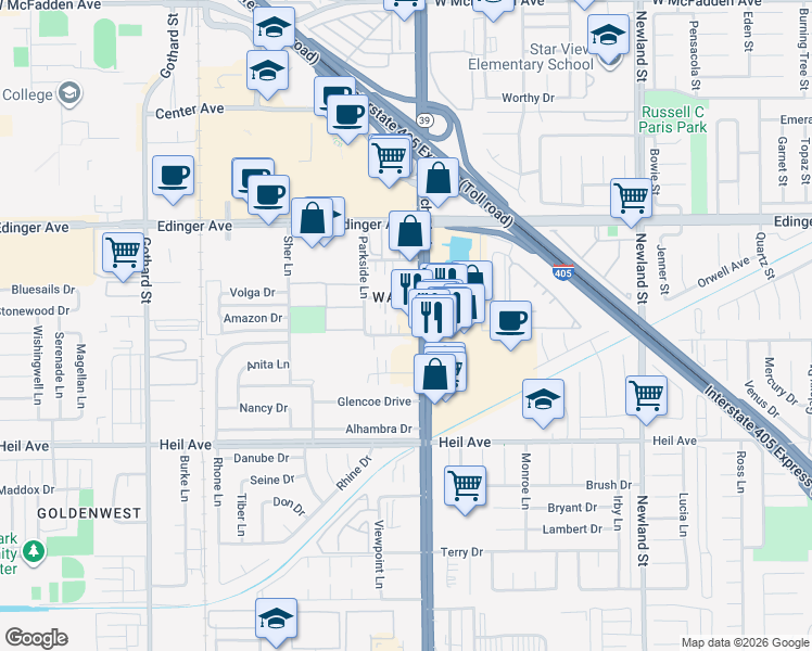 map of restaurants, bars, coffee shops, grocery stores, and more near 7942 Stark Drive in Huntington Beach