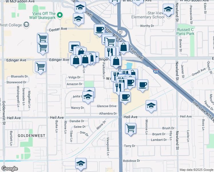 map of restaurants, bars, coffee shops, grocery stores, and more near 7852 Stark Drive in Huntington Beach
