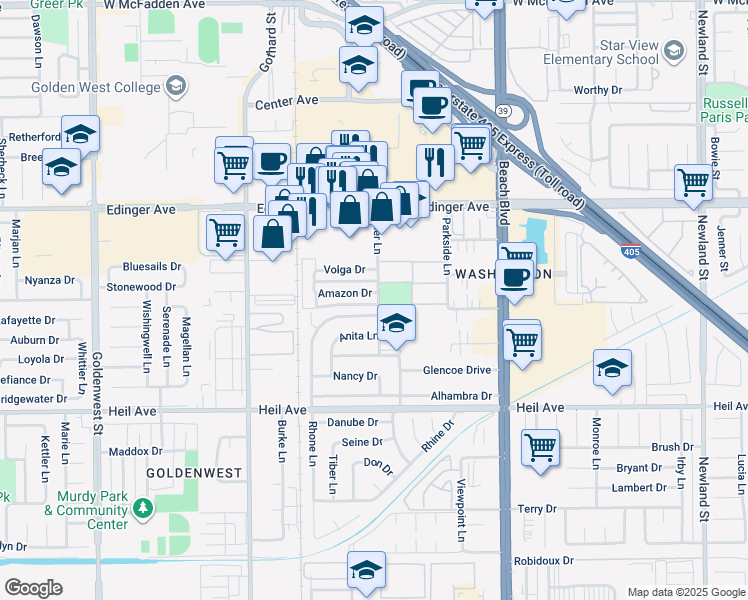 map of restaurants, bars, coffee shops, grocery stores, and more near 12 Sher Lane in Huntington Beach