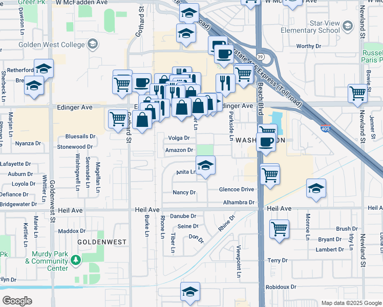 map of restaurants, bars, coffee shops, grocery stores, and more near 12 Sher Lane in Huntington Beach