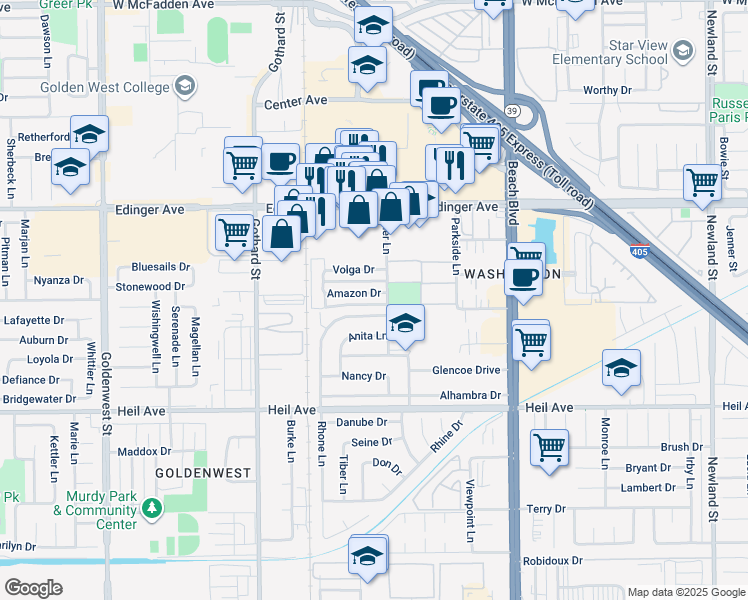 map of restaurants, bars, coffee shops, grocery stores, and more near 12 Sher Lane in Huntington Beach