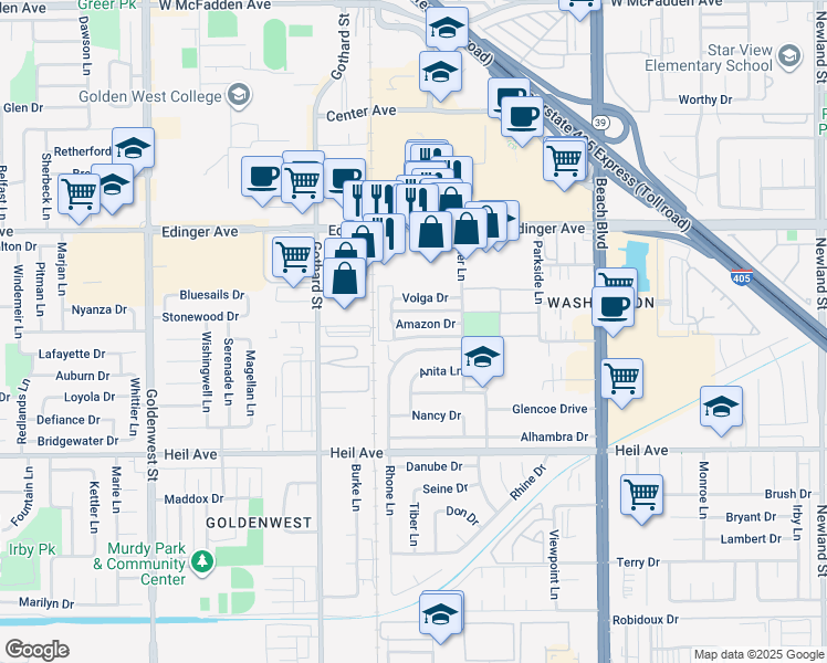 map of restaurants, bars, coffee shops, grocery stores, and more near 7602 Volga Drive in Huntington Beach