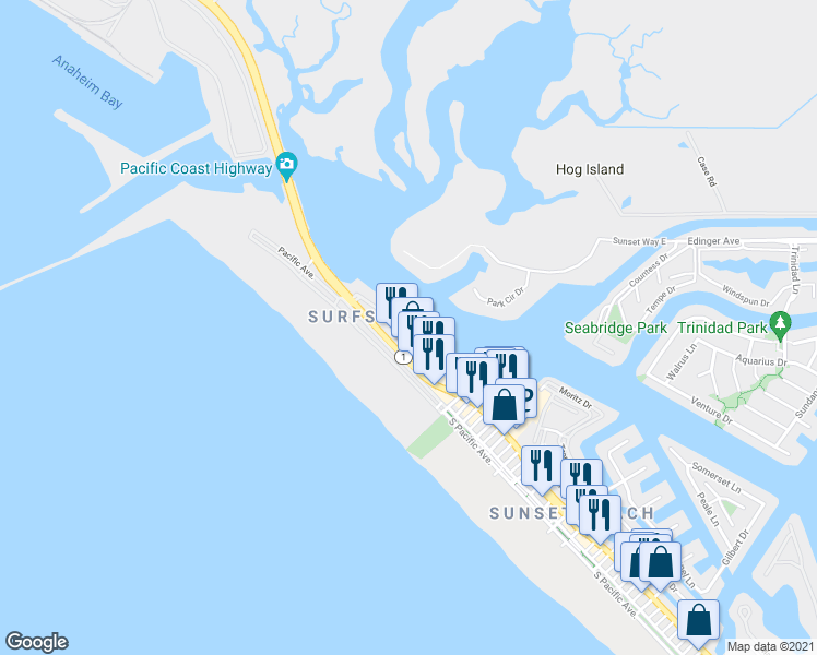 map of restaurants, bars, coffee shops, grocery stores, and more near 16030 Mariner Drive in Huntington Beach