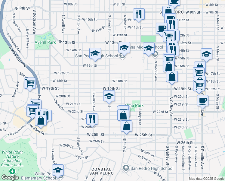 map of restaurants, bars, coffee shops, grocery stores, and more near 1065 West 18th Street in Los Angeles