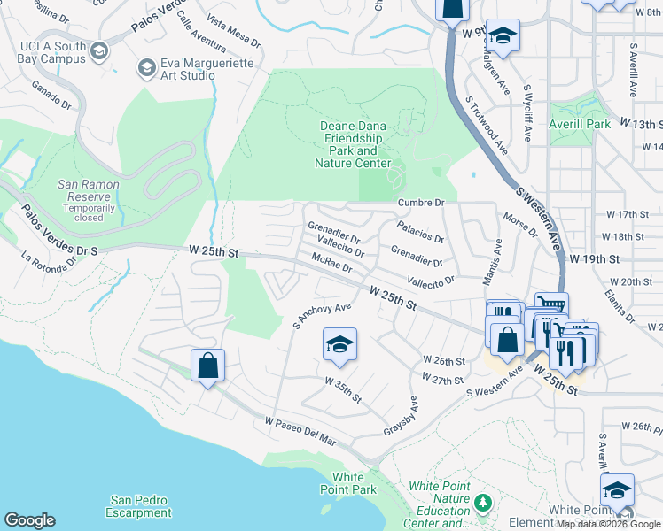 map of restaurants, bars, coffee shops, grocery stores, and more near 2175 Baleria Drive in Los Angeles