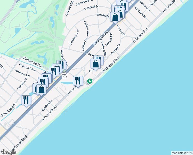 map of restaurants, bars, coffee shops, grocery stores, and more near 114 North Ocean Boulevard in Myrtle Beach