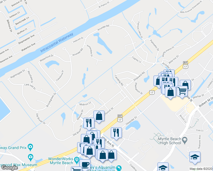 map of restaurants, bars, coffee shops, grocery stores, and more near 5-7 Shorewood Drive in Myrtle Beach