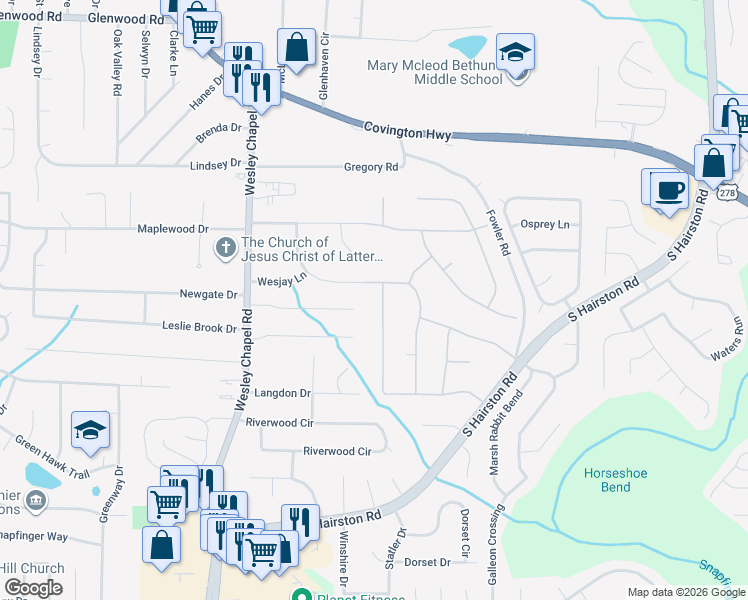 map of restaurants, bars, coffee shops, grocery stores, and more near 4317 Buckingham Circle in Decatur