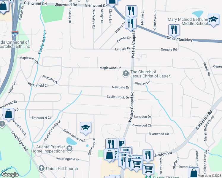 map of restaurants, bars, coffee shops, grocery stores, and more near 2403 Newgate Drive in Decatur