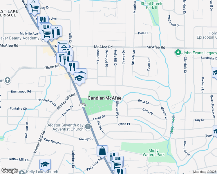 map of restaurants, bars, coffee shops, grocery stores, and more near 2198 Miriam Lane in Decatur