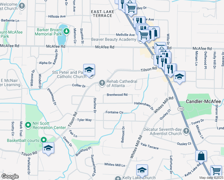 map of restaurants, bars, coffee shops, grocery stores, and more near 2498 Brentwood Court in Decatur