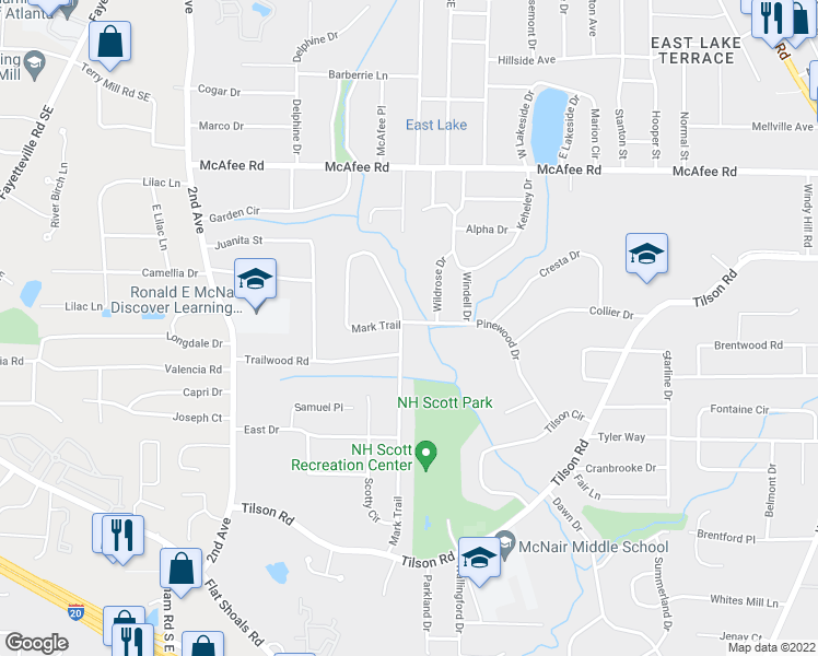 map of restaurants, bars, coffee shops, grocery stores, and more near 2164 Mark Trail in Decatur