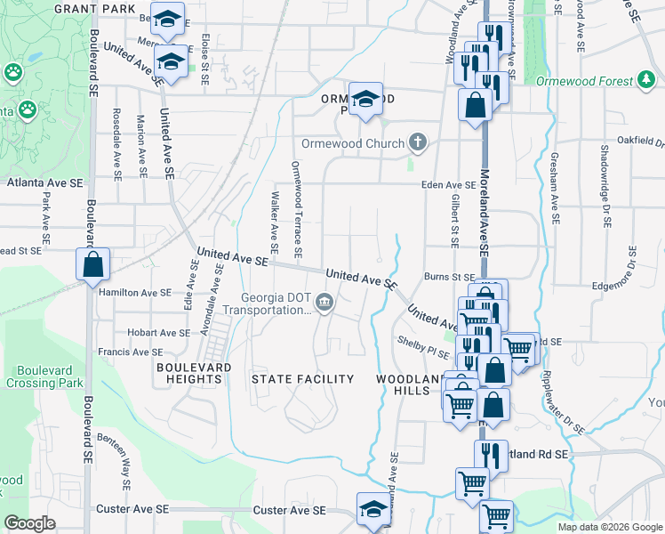 map of restaurants, bars, coffee shops, grocery stores, and more near 980 Underwood Avenue Southeast in Atlanta