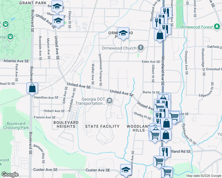 map of restaurants, bars, coffee shops, grocery stores, and more near in Atlanta