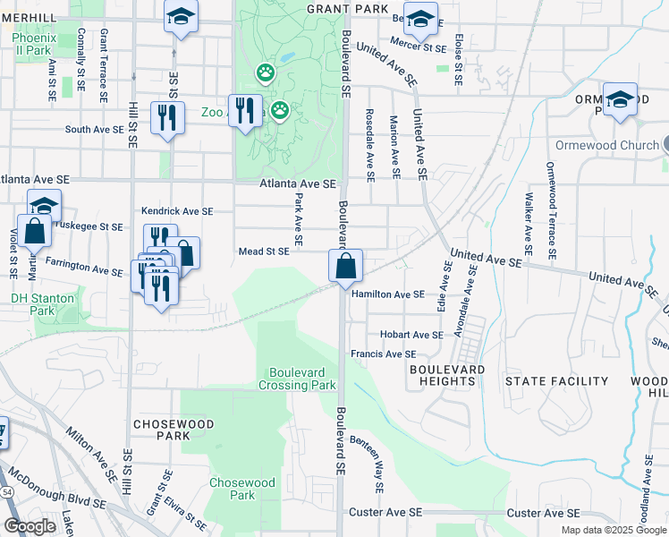 map of restaurants, bars, coffee shops, grocery stores, and more near 561 Mead Street Southeast in Atlanta