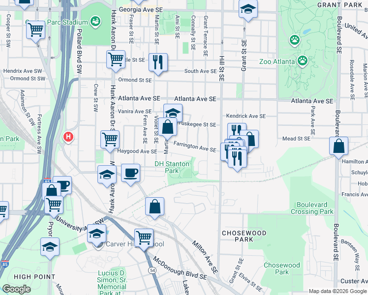 map of restaurants, bars, coffee shops, grocery stores, and more near 962 Martin Street Southeast in Atlanta
