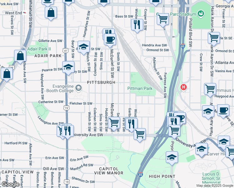 map of restaurants, bars, coffee shops, grocery stores, and more near 281 Griffin Street Northwest in Atlanta