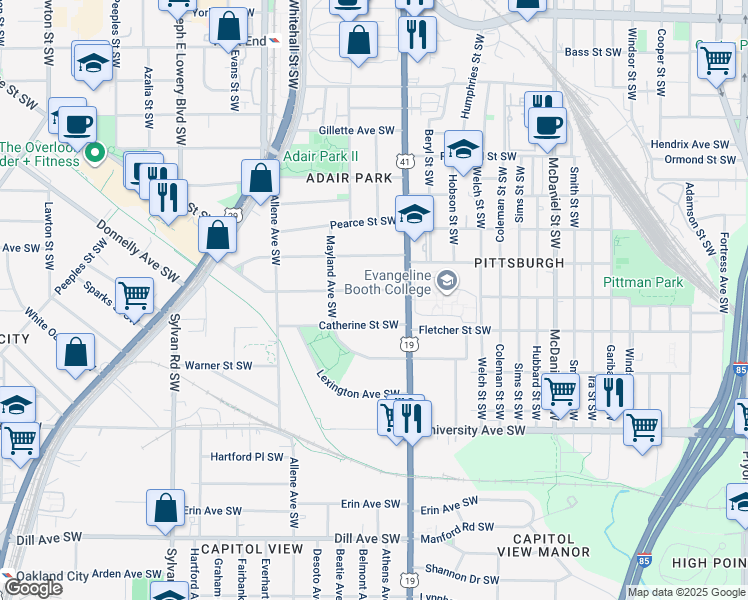 map of restaurants, bars, coffee shops, grocery stores, and more near 665 Brookline Street Southwest in Atlanta