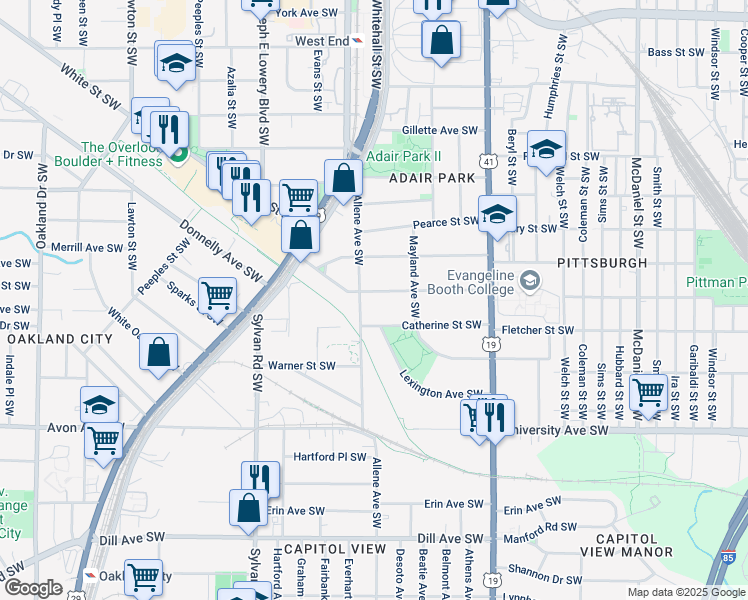 map of restaurants, bars, coffee shops, grocery stores, and more near 776 Brookline Street Southwest in Atlanta