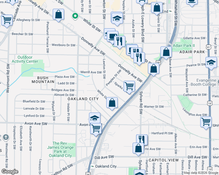 map of restaurants, bars, coffee shops, grocery stores, and more near 1021 Peeples Street Southwest in Atlanta