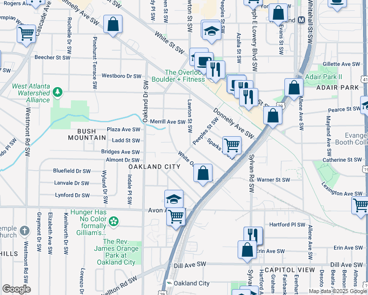 map of restaurants, bars, coffee shops, grocery stores, and more near 1105 Cordova Street Southwest in Atlanta