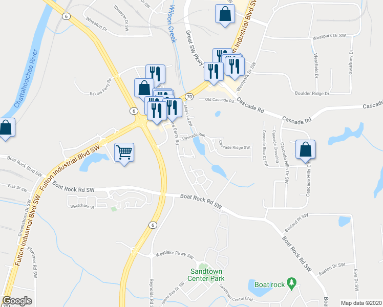 map of restaurants, bars, coffee shops, grocery stores, and more near 5611 South Monte Vista Drive Southwest in Atlanta