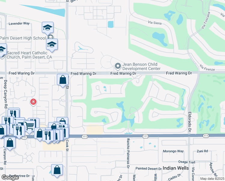 map of restaurants, bars, coffee shops, grocery stores, and more near 44838 Turnberry Lane in Indian Wells