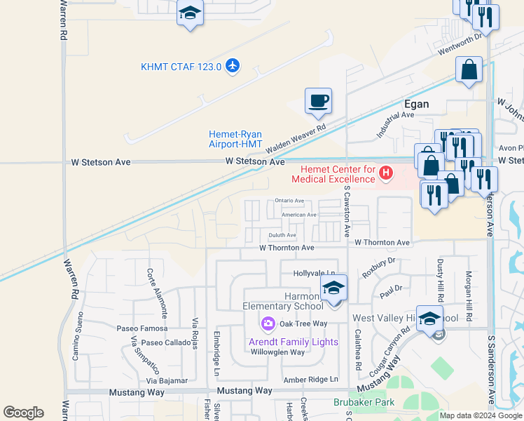 map of restaurants, bars, coffee shops, grocery stores, and more near 1295 South Cawston Avenue in Hemet