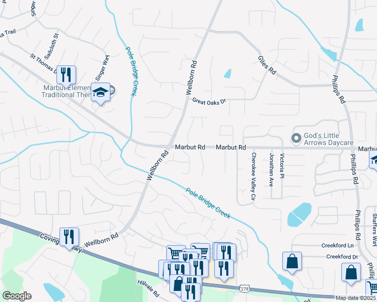 map of restaurants, bars, coffee shops, grocery stores, and more near 2132 Sara Ashley Way in Lithonia