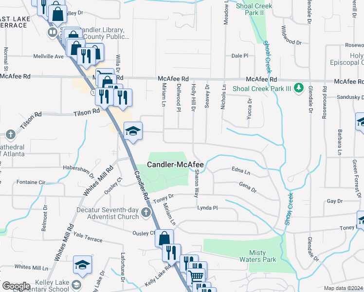 map of restaurants, bars, coffee shops, grocery stores, and more near 2191 Miriam Lane in Decatur