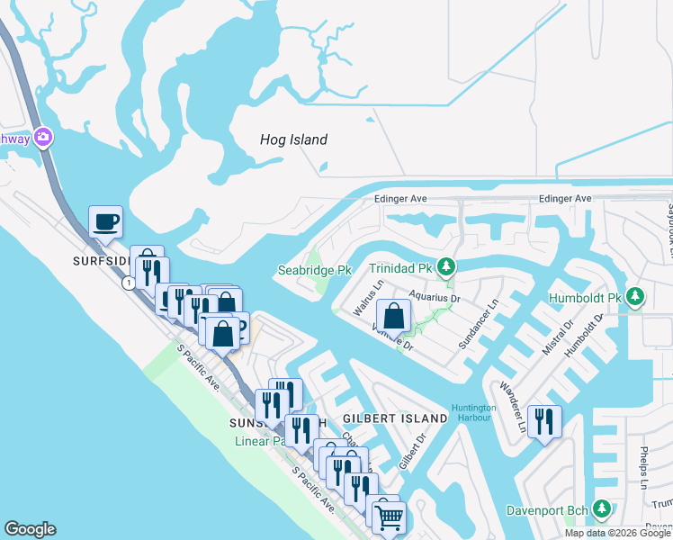 map of restaurants, bars, coffee shops, grocery stores, and more near 16146 Twinkle Circle in Huntington Beach