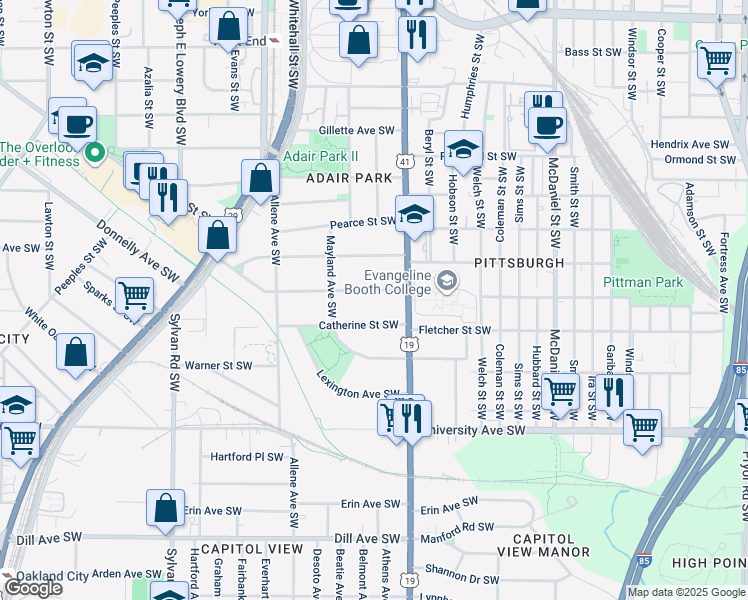 map of restaurants, bars, coffee shops, grocery stores, and more near 665 Brookline Street Southwest in Atlanta