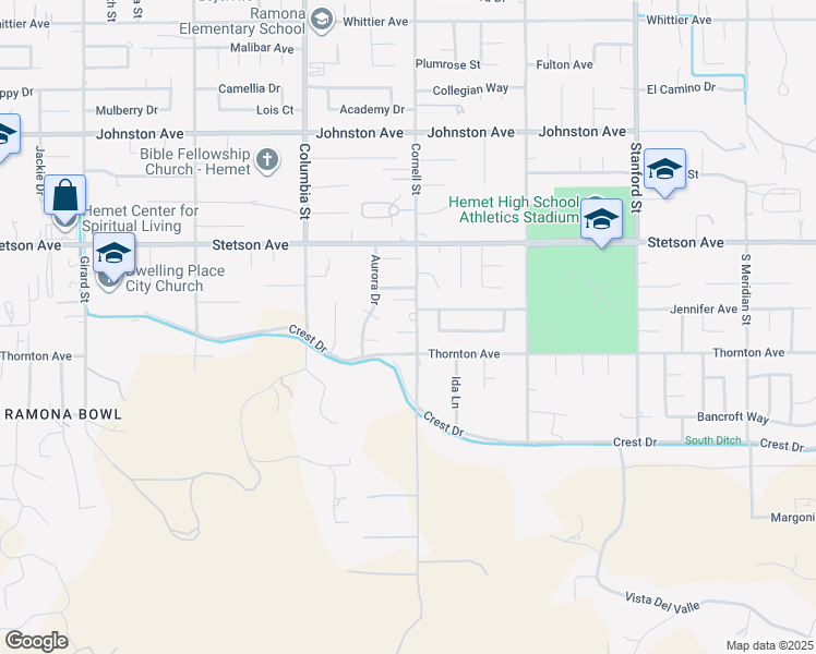 map of restaurants, bars, coffee shops, grocery stores, and more near 27193 Cornell Street in Hemet