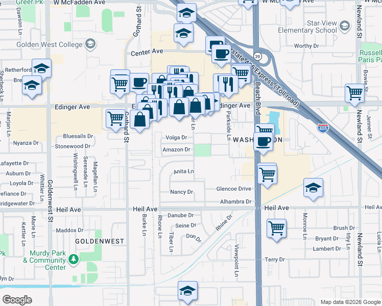 map of restaurants, bars, coffee shops, grocery stores, and more near 7672 Amazon Drive in Huntington Beach