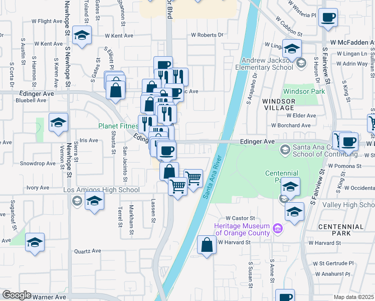 map of restaurants, bars, coffee shops, grocery stores, and more near 12062 West Edinger Avenue in Santa Ana