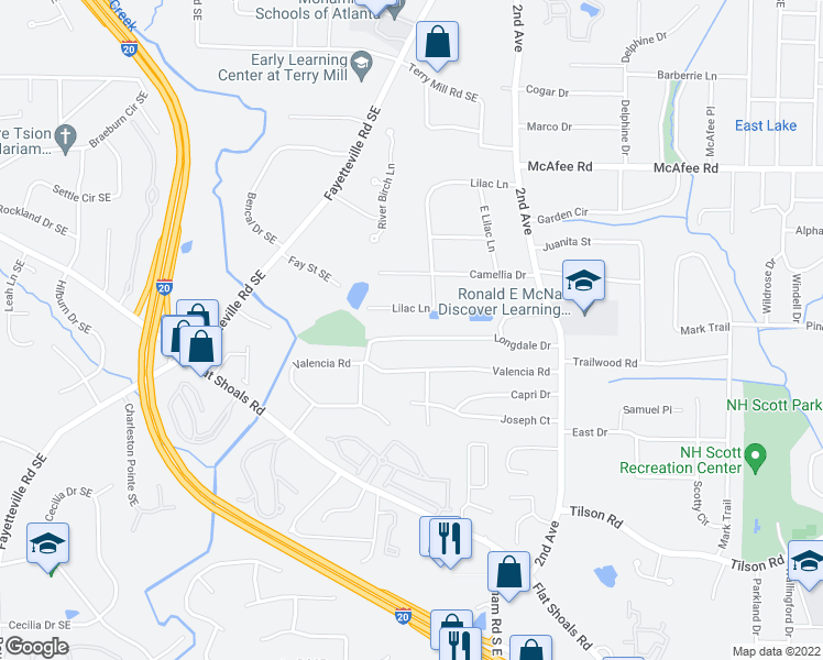 map of restaurants, bars, coffee shops, grocery stores, and more near 2176 Lilac Lane in Decatur
