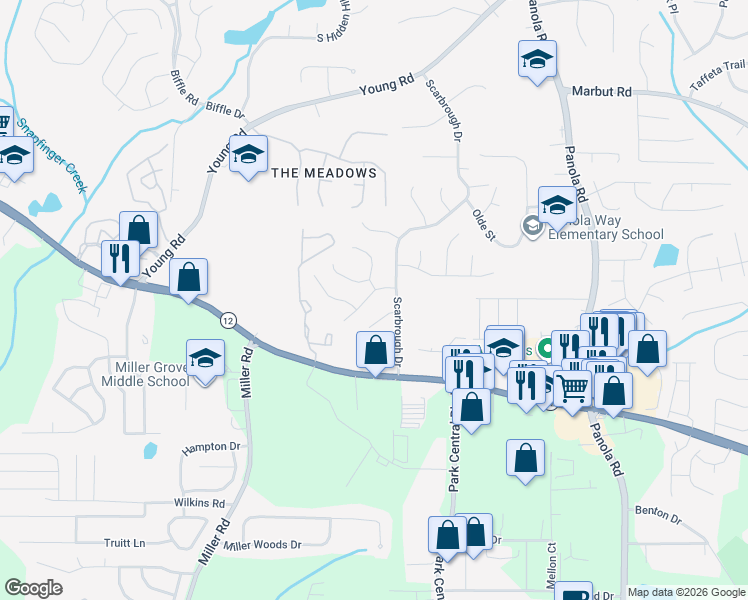 map of restaurants, bars, coffee shops, grocery stores, and more near 5207 Scarbrough Lane in Stone Mountain