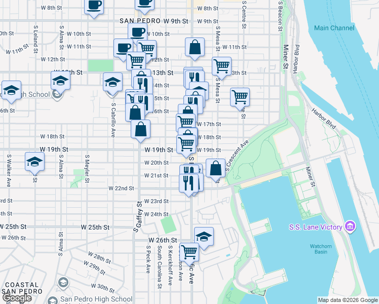 map of restaurants, bars, coffee shops, grocery stores, and more near 1901 South Pacific Avenue in Los Angeles