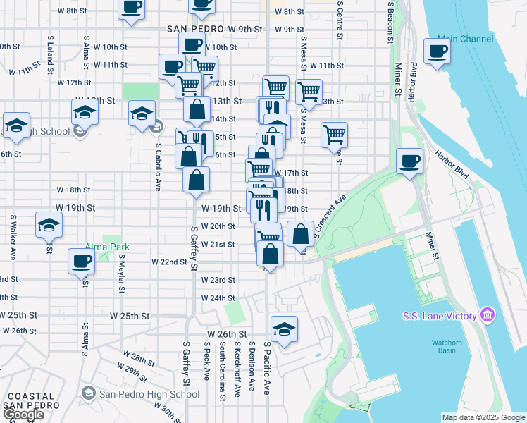 map of restaurants, bars, coffee shops, grocery stores, and more near 1901 South Pacific Avenue in Los Angeles