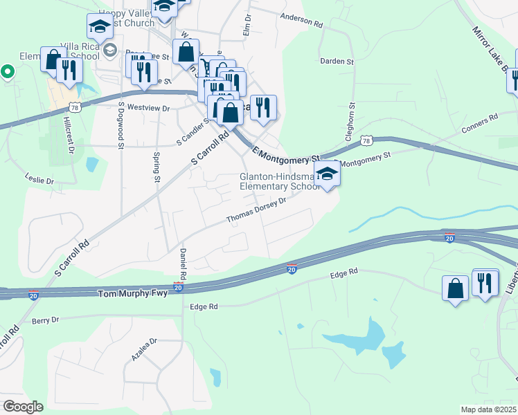 map of restaurants, bars, coffee shops, grocery stores, and more near 298 East Wilson Street in Villa Rica