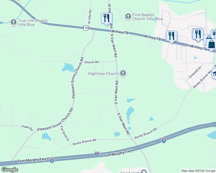 map of restaurants, bars, coffee shops, grocery stores, and more near 109 Spring Haven Court in Villa Rica