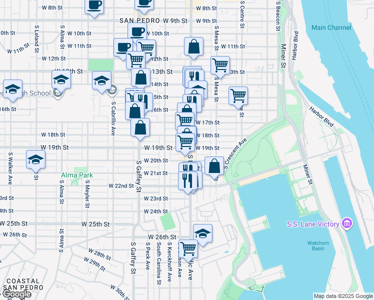 map of restaurants, bars, coffee shops, grocery stores, and more near 1901 South Pacific Avenue in Los Angeles