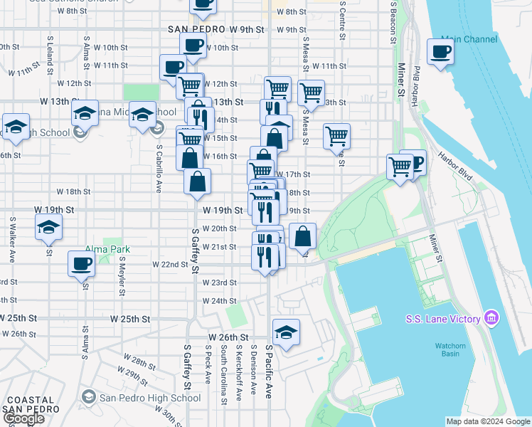 map of restaurants, bars, coffee shops, grocery stores, and more near 1901 South Pacific Avenue in Los Angeles